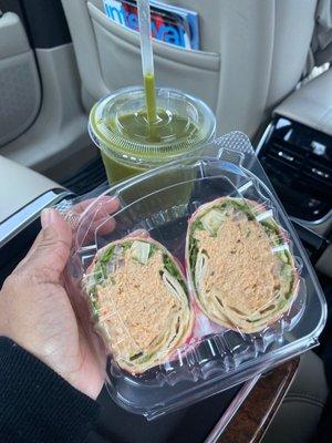 Tuna wrap and incredible smoothie, strawberries instead of pineapple sea moss added