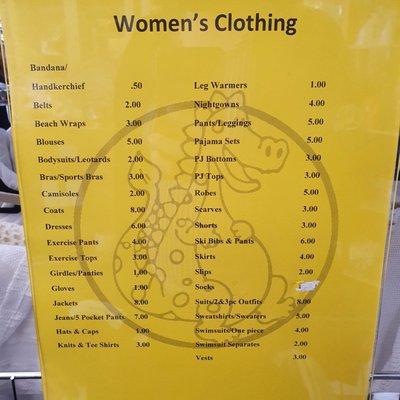 Prices for women's clothing