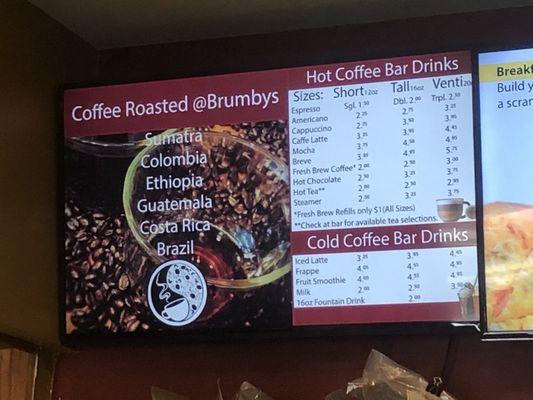 Coffee menu