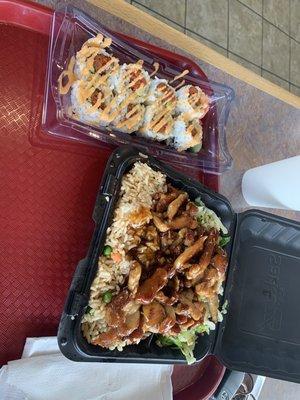 Spicy tuna roll and teriyaki chicken meal