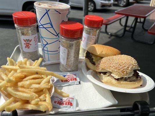 Fries, chocolate shake, Cheeseburger, Pork Bar-B-Que Sandwich