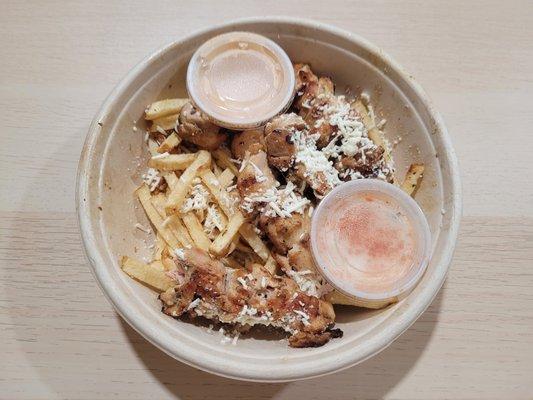 chicken souvlaki gyro bowl (sub fries, no lettuce, tomato, onion, or cucumber, sauce on side)