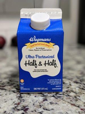 Wegmans Ultra-Pasteurized Half & Half. One pint for $1.49.