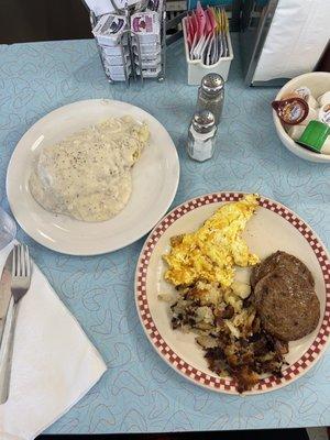 Two egg breakfast platter with Biscuits And Gravy