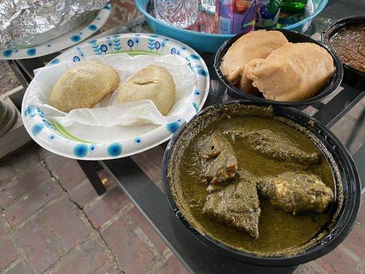 Meat pie and cassava leaf stew