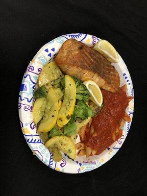 Salmon, penne tomato, veggies