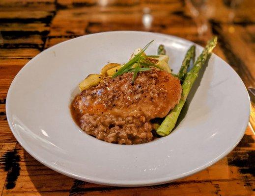 Chicken Marsala w/ mushroom risotto, squash and asparagus