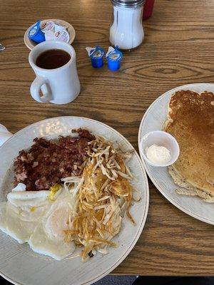 Corn beef hash with a side of pancake