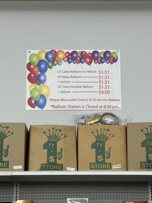 Prices of Balloons to be inflated with Helium