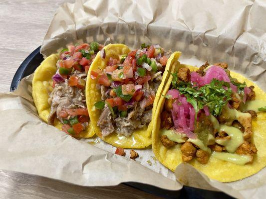 Three taco combo. 2 carnitas, 1 al pastor chicken