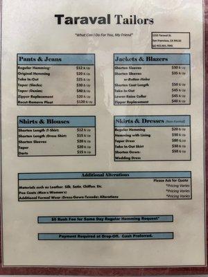 Pricing list