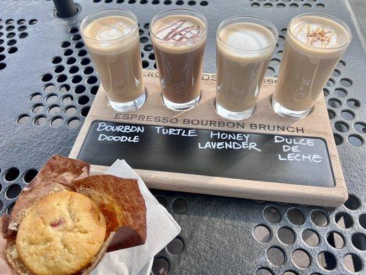 Delicious coffee flight and a peach muffin !