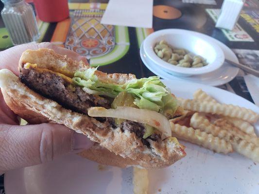 Ground Chuck Burger with Crinkle Cut Fries (side of lima beans)