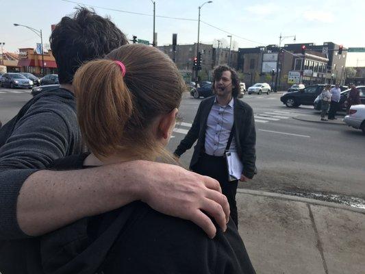 Matthew and participants at "the bend" of Broadway in Rogers Park.