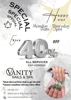 8228 E 61st St #119, Tulsa, OK 74133
 918-994-7717 
Visit our website www.vanitynailstulsa.com