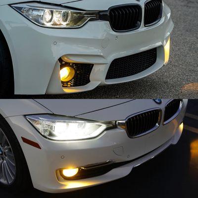 Before and after photos of custom front bumper, fenders, side skirts, and rear bumper install in alpine white to match car perfectly.