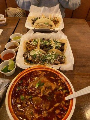 Menudo & tacos + various salsas from the salads bar. All are wonderful & different levels of heat.