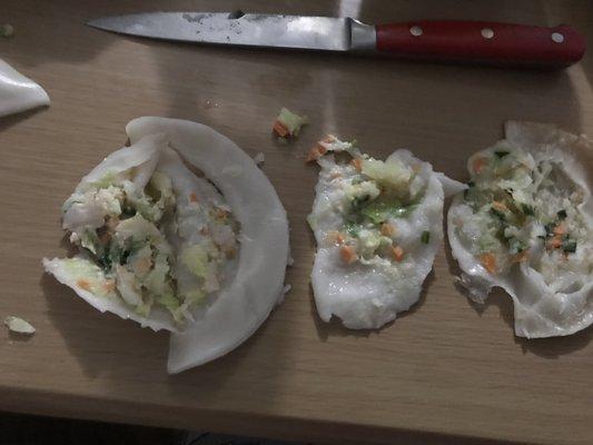 Insides of both the steamed&fried shrimp dumplings aka CABBAGE dumpling.should specify on the menu that the majority of the stuffing is vege