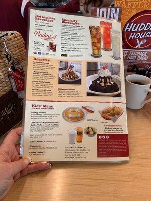 Beverages, desserts and kids menu