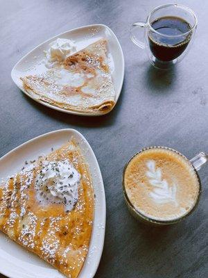 Purple Rain crepe & Rose Cardamom latte  (bottom)  Limoncello crepe and drip coffee (top)