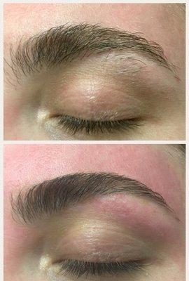 Before and after brow tinting and sugaring.