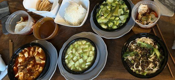 Sichuan Dumpling, Scallion Pancake, Cucumber Salad, Dan Dan Noodle, Mapo Tofu, Garlic Bok Choy, Sichuan Wonton in Chili Oil