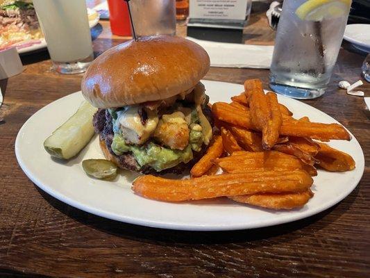 Firestarter burger with sweet potato fries