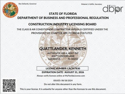 Current DBPR License. CAC087530 Class B Air Conditioning Contractor