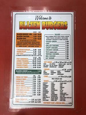 Blazen Burgers Menu