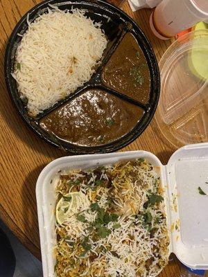 Chicken biryani on the right, cooked to perfection   lamb curry on the left, the lamb was tender and flavorful