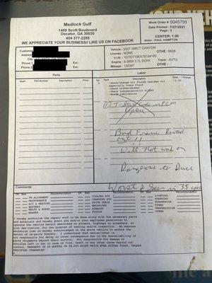 Mechanic report with my husband's name and address redacted for privacy.