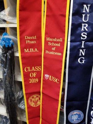 USC sash. Stitched the full name, school name, degree, and USC logo.