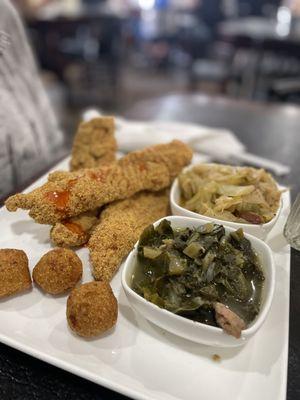 CatFish, fried cabbage & greens