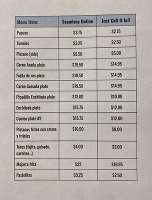 Check out the Seamless platform up charge! Just call it in. Practice speaking Spanish!