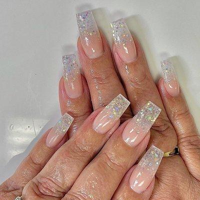 Glitters flake ombre nails.