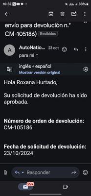 Aquí esta el número de orden de devolución y ahora me dicen que no hay dinero de devolución ni las piezas que envíe.