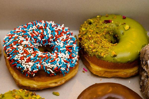 chocolate with sprinkles, matcha with pistachio