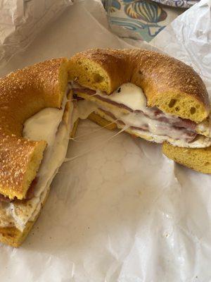 Pork roll egg and cheese on an egg bagel