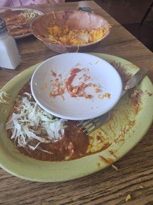 Nothing left. Cheese enchilada rice and beans s and cheese chips.