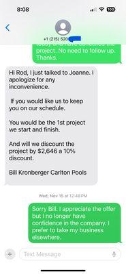 My Nov. 15, 2023 text confirming Joanne relayed my wish to cancel to Bill Kronberger at Carlton Pools and my response to his offer.