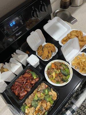 21. Boneless Ribs Special Combo Happy Family Szechuan Spicy Beef Sweet and Sour Chicken Krab Cheese Rangoon Chicken Wing