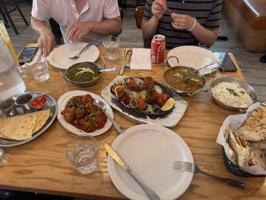 Sag Paneer, Dry Gobi Manchurian, Chicken Tikka (no sauce), Goat Curry