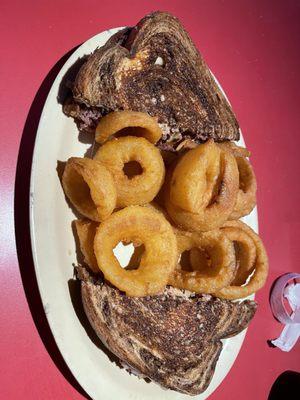 Reuben and onion rings