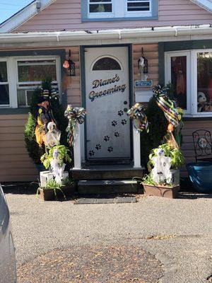 The entrance to the grooming salon is in the back of the building.