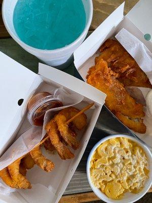 Jumbo Shrimp, Orange Roughy, Mac and Cheese, Blue Raspberry drink