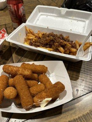 Bacon cheese fries, and Mozzarella sticks.