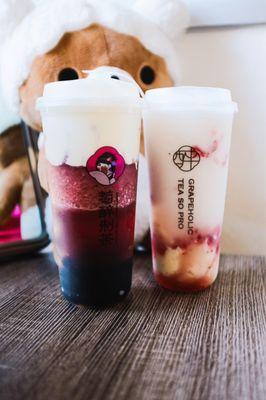 Strawberry and Coconut (w/ Mochi added for extra $) & Pure Grape (comes w/ foam and crystal boba)