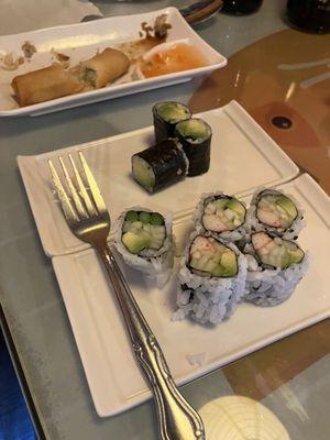 Spring roll, avocado roll, California roll