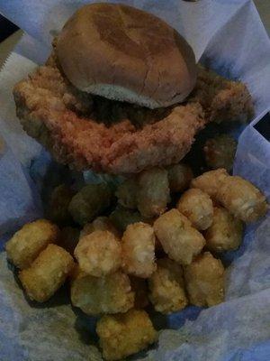 Thick, hand-breaded pork tenderloin and tater tots