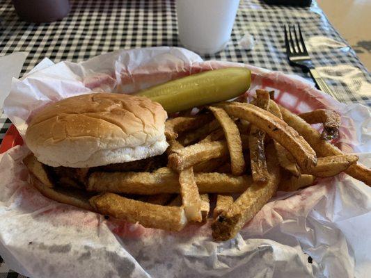 Regular pulled pork sandwich, pickle, & fries